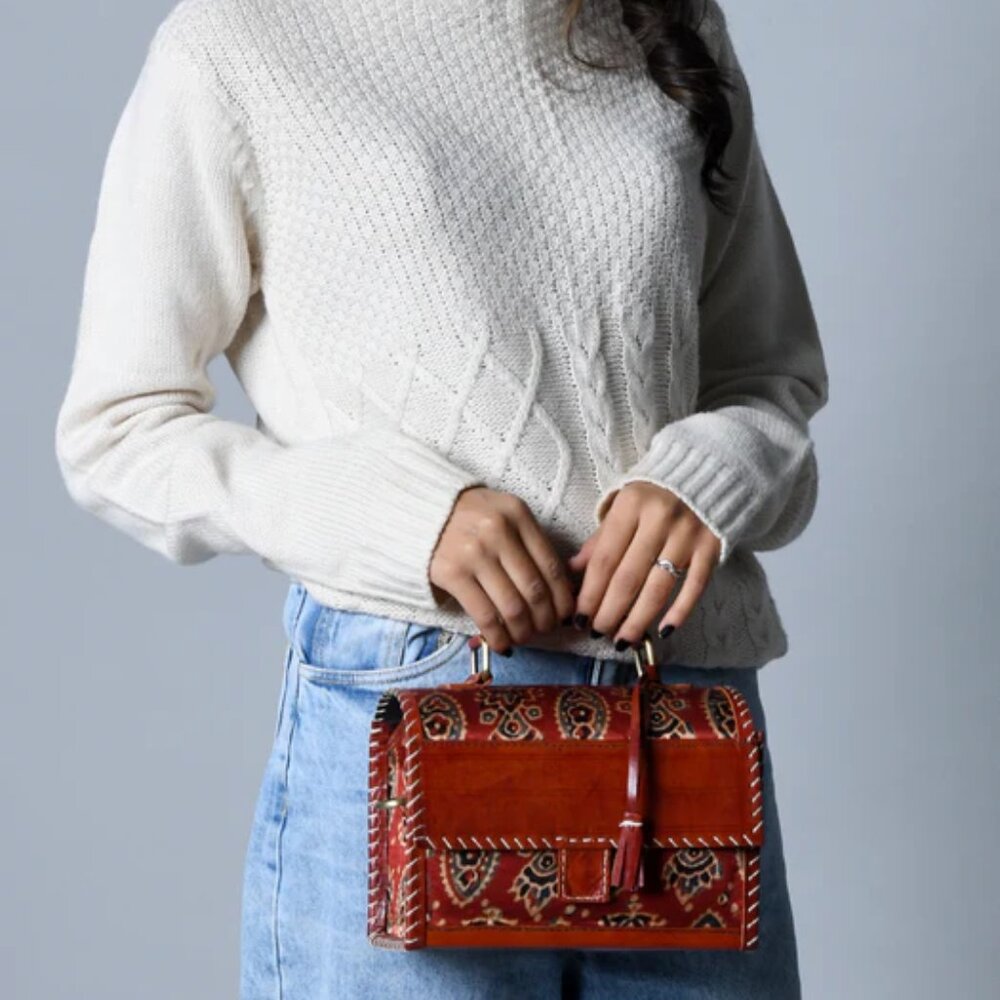 Classy Leather Bags Maroon Mystique Ajrakh Satchel Purse